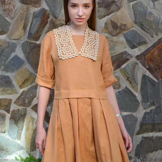 Linen Pleated Dress — Caramel