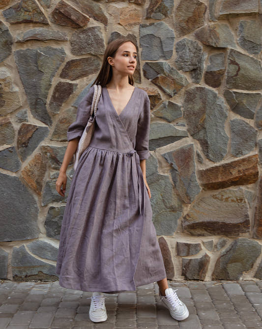 Linen Wrap Dress - Gray