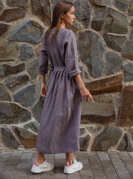 Linen Wrap Dress - Gray
