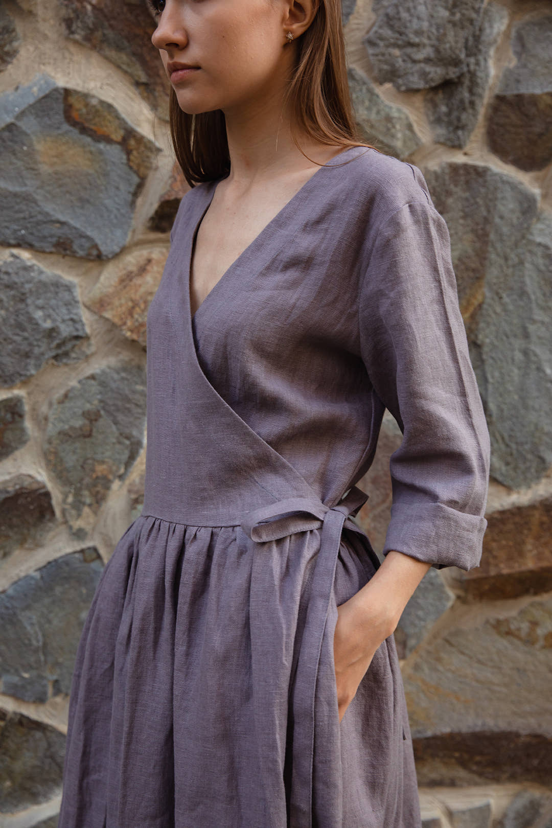 Linen Wrap Dress - Gray