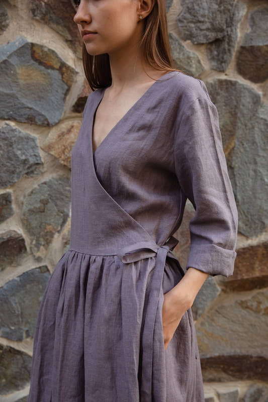 Linen Wrap Dress - Gray