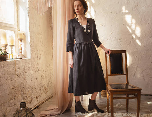 Linen Wrap Dress - Black
