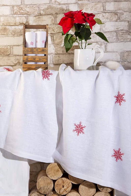 Snowflakes Tablecloth - White with Red