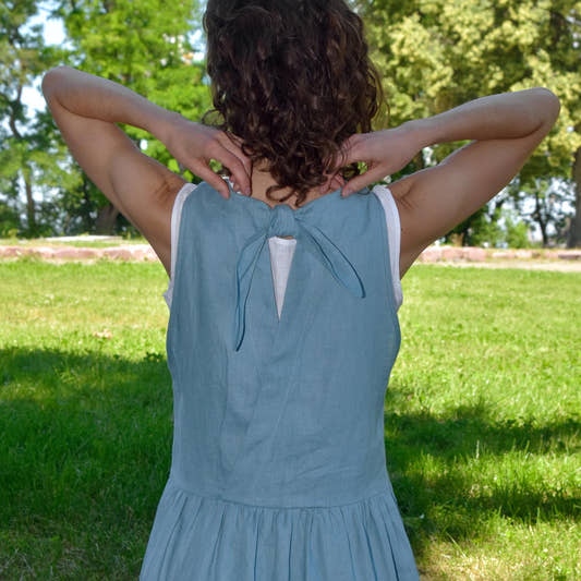 Linen Sundress - Blue, back tie detail