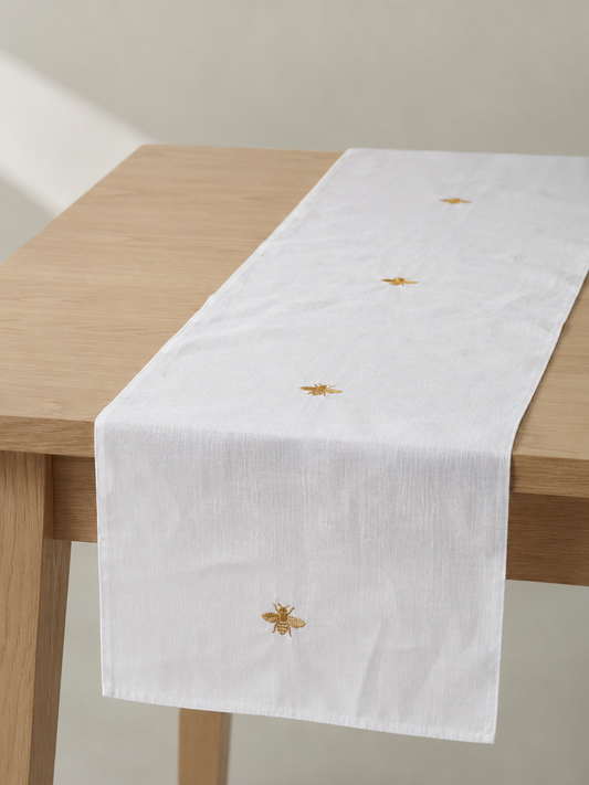 Crowned Flies Runner - White - white linen runner with gold bee embroidery