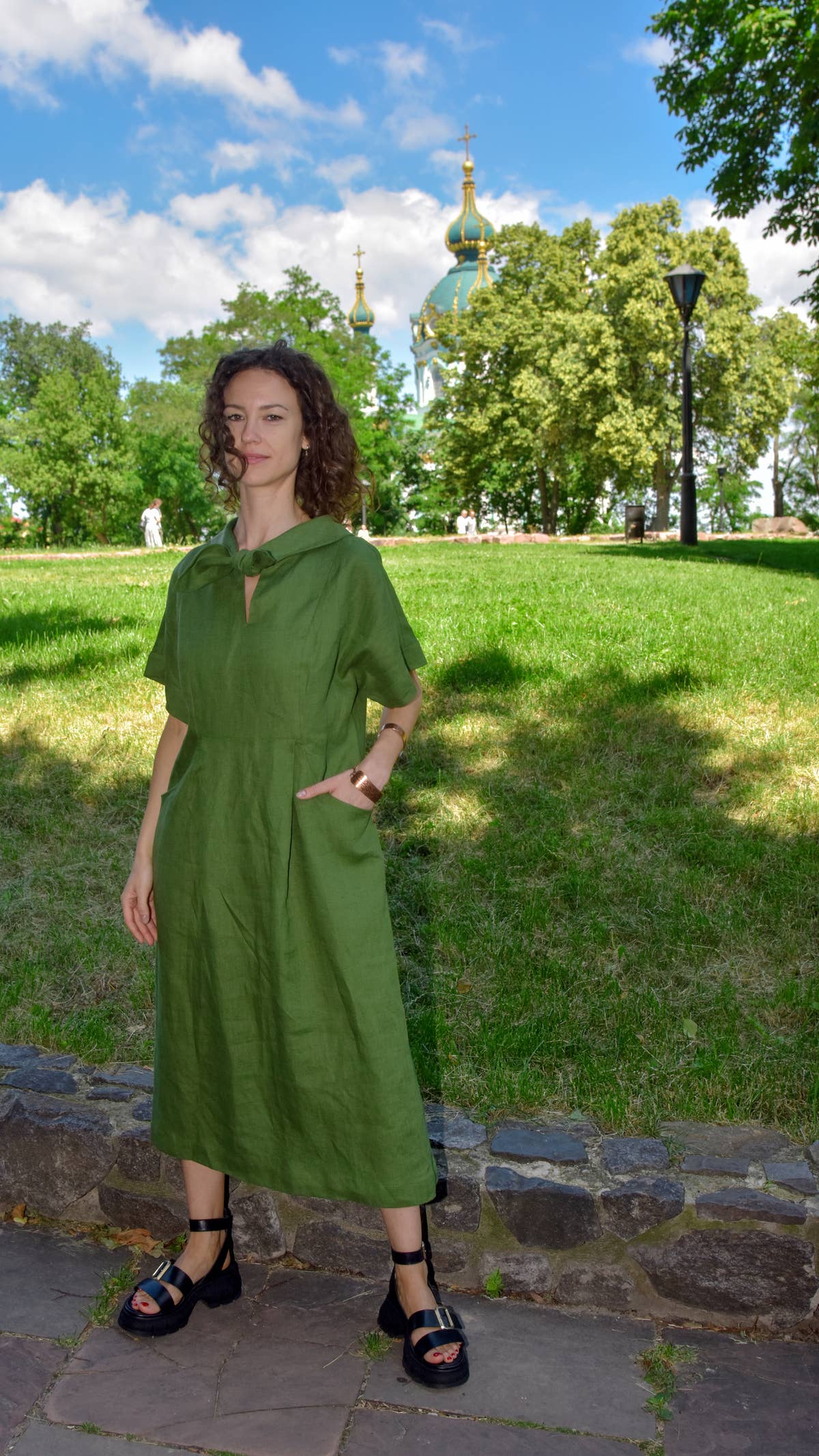 Linen Collared Tie-Dress - Green