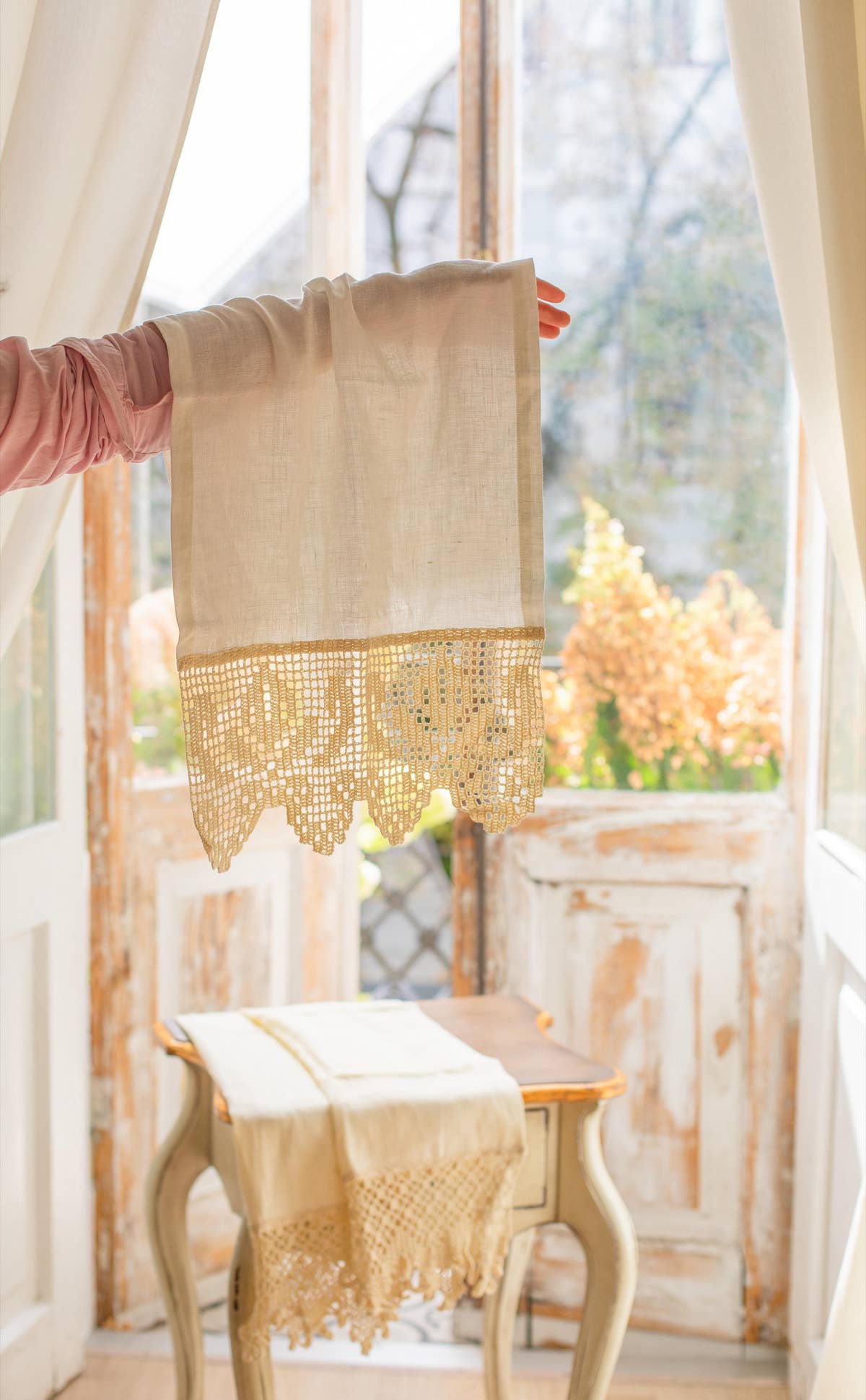 Lace Trim Kitchen Towels - by the window