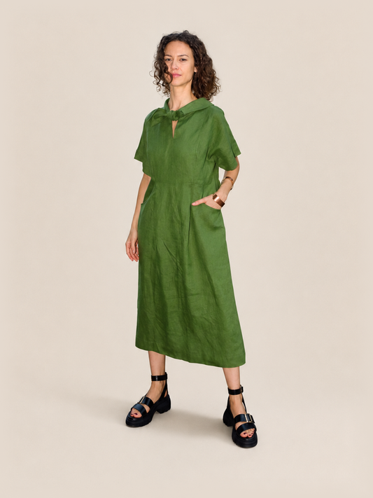 Linen Collared Tie-Dress - Green - studio thumbnail