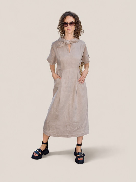 Linen Collared Tie-Dress - Natural - studio thumbnail
