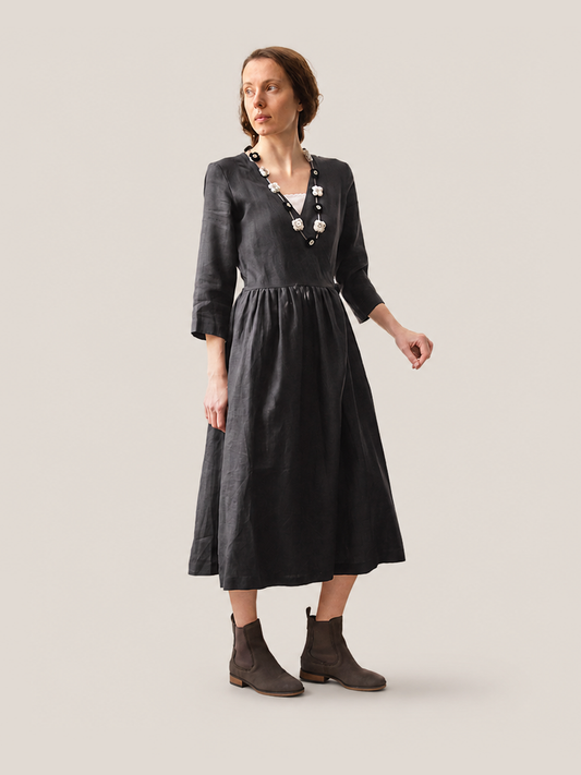 Linen Wrap Dress - Black - studio thumbnail