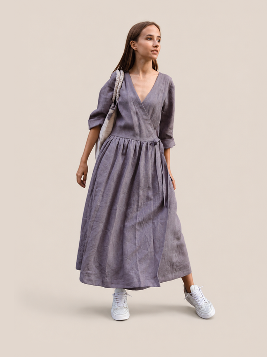 Linen Wrap Dress - Gray - studio thumbnail