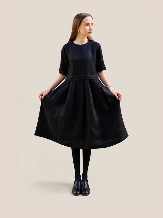 Linen Pleated Dress - Black - studio thumbnail