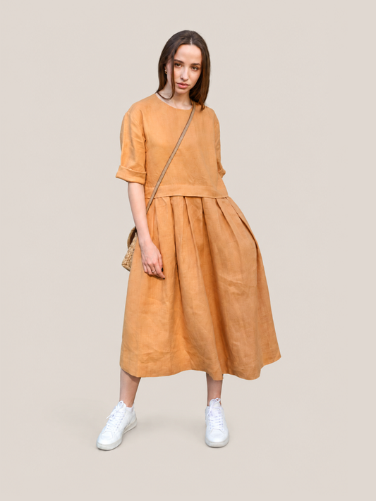 Linen Pleated Dress - Caramel - studio thumbnail