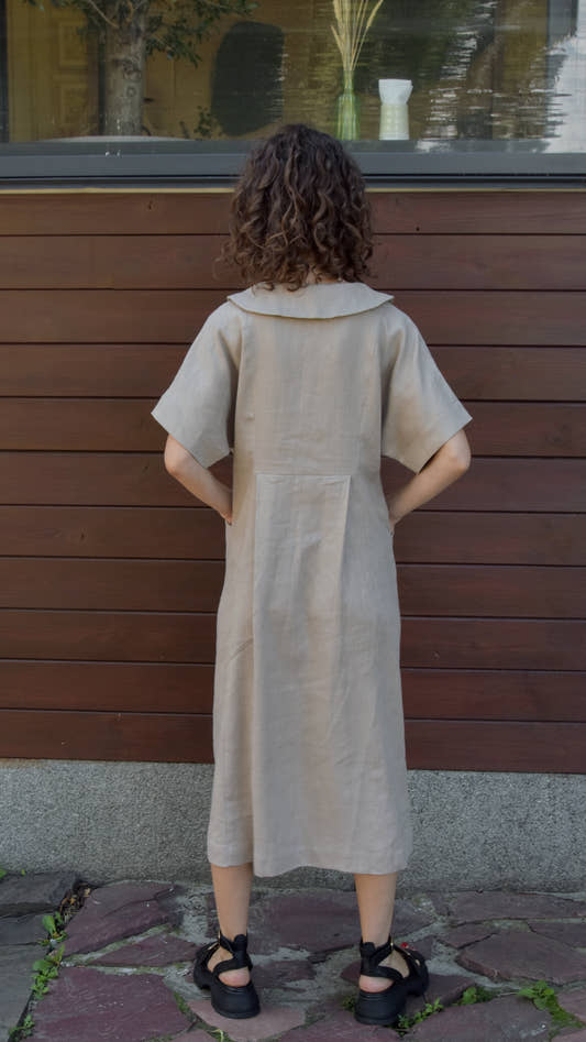 Linen Collared Tie-Dress - Natural