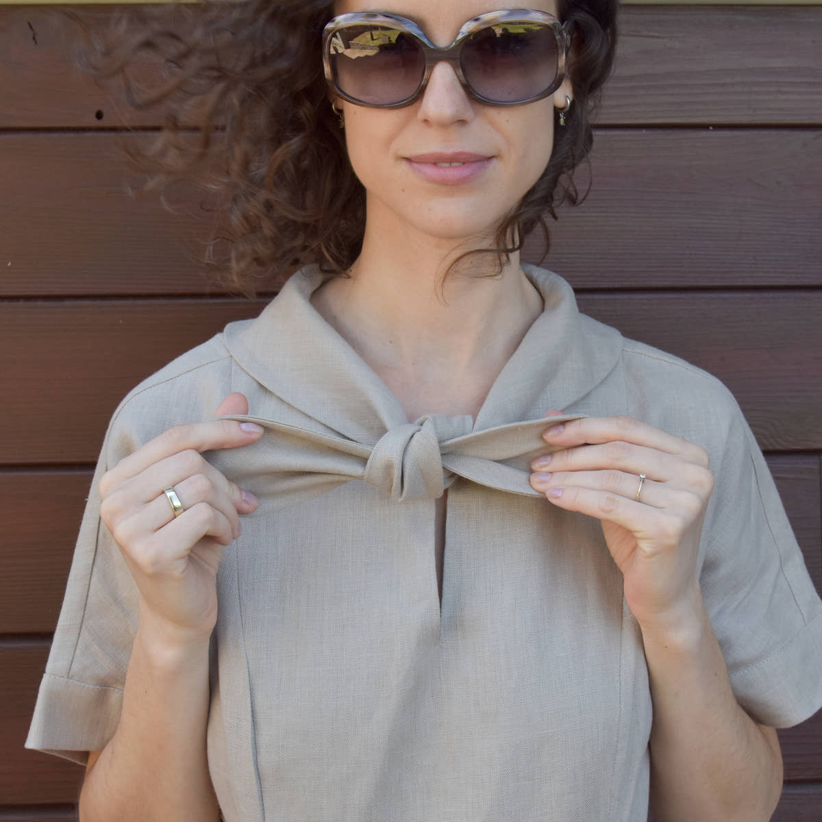 Linen Collared Tie-Dress - Natural