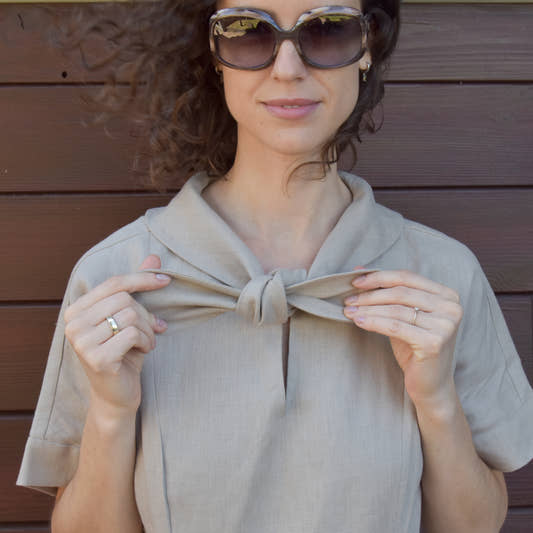 Linen Collared Tie-Dress - Natural