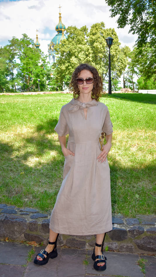 Linen Collared Tie-Dress - Natural