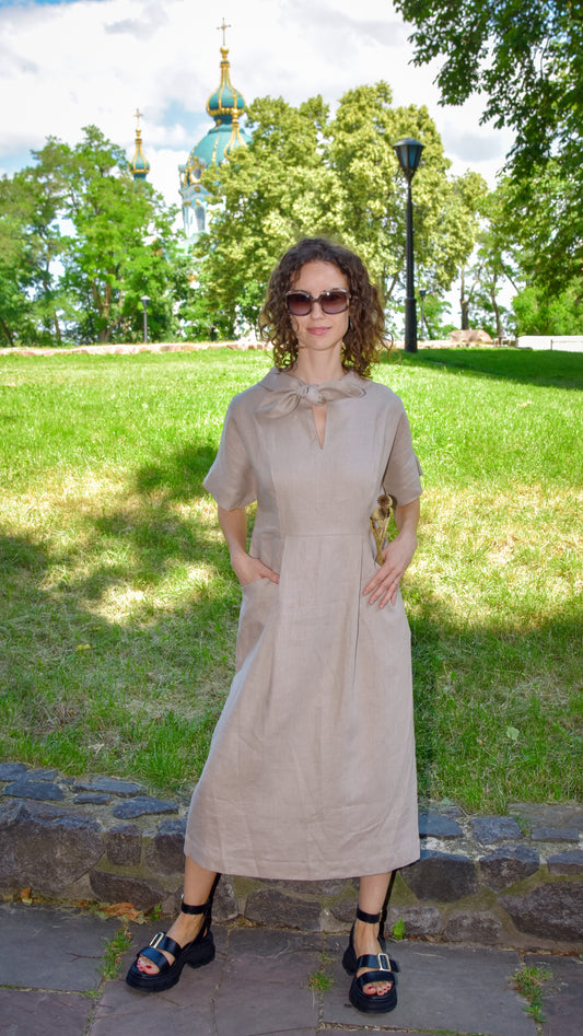 Linen Collared Tie-Dress — Natural