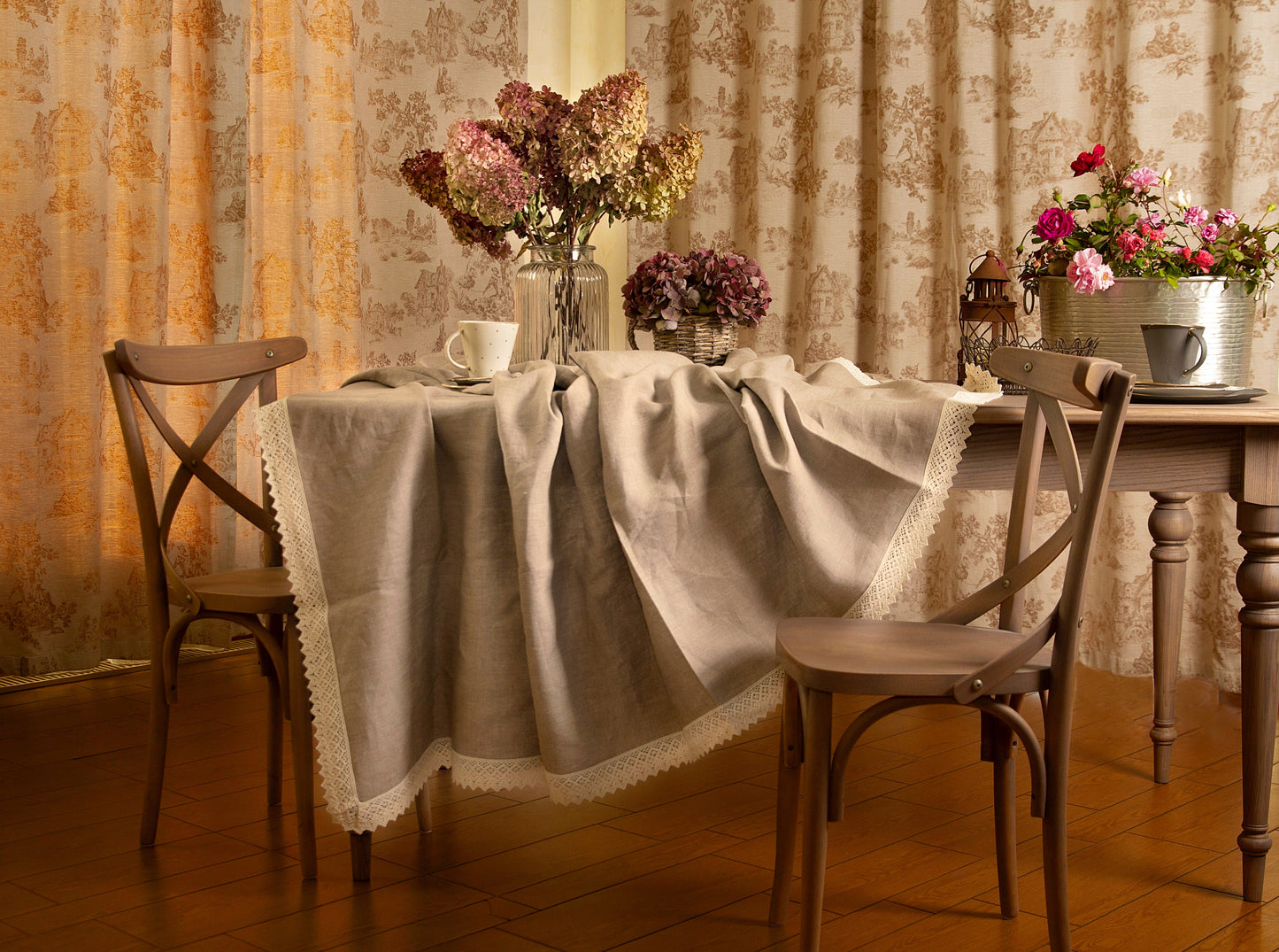 Lace Trim Tablecloth — Natural Linen