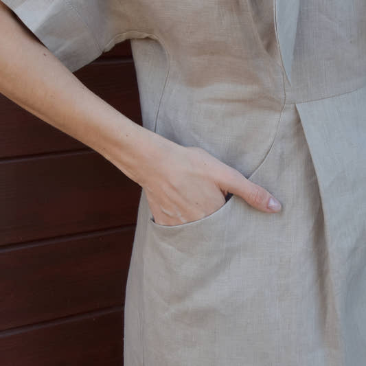Linen Collared Tie-Dress - Natural