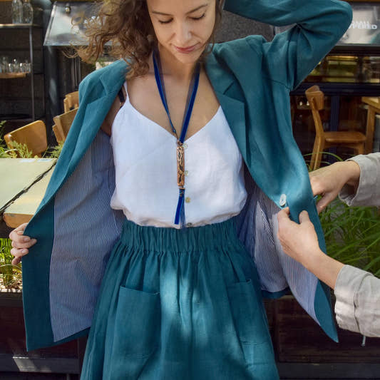 Linen Blazer - Teal, striped batiste lining