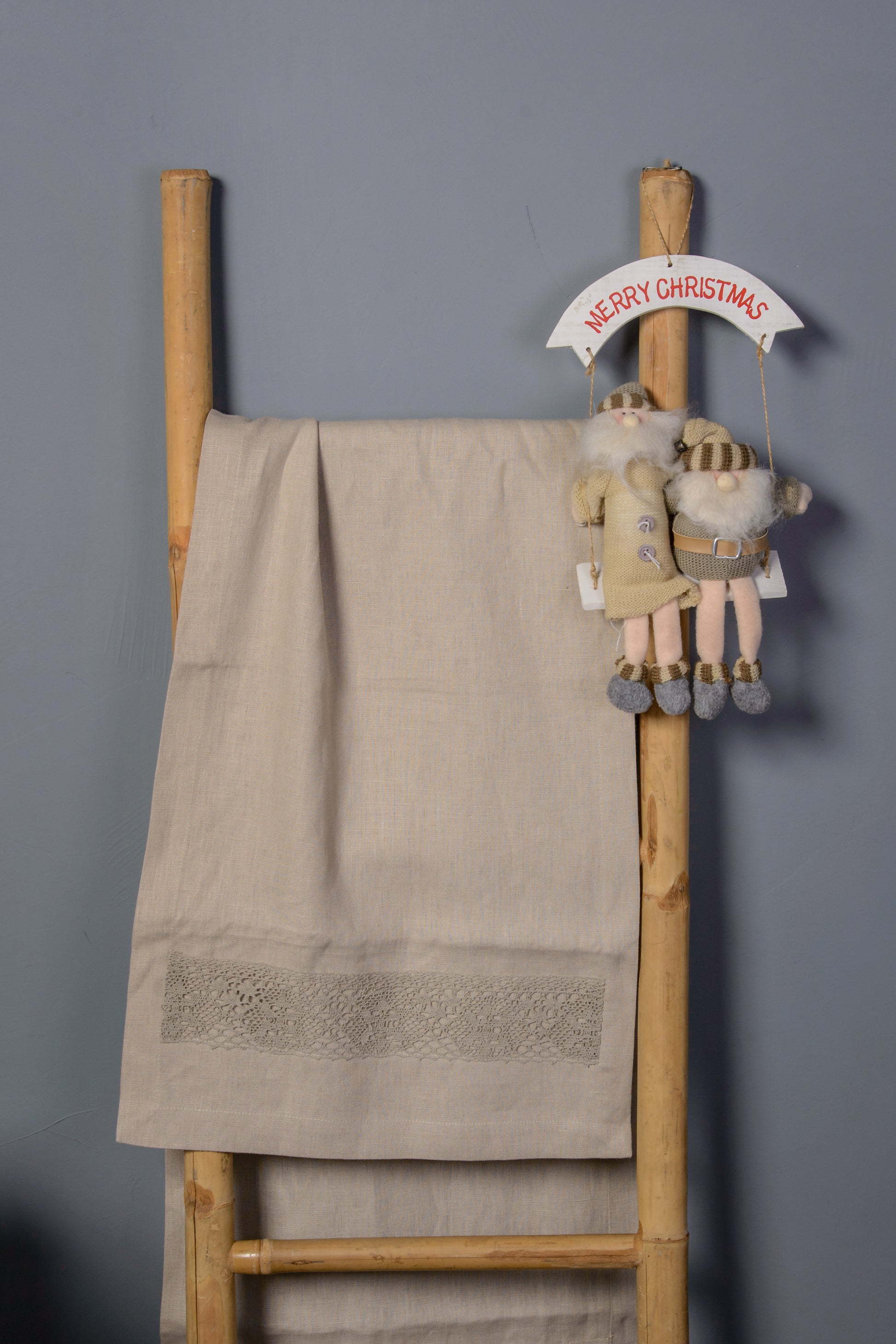 Lace Trim Runner — Natural Linen on ladder