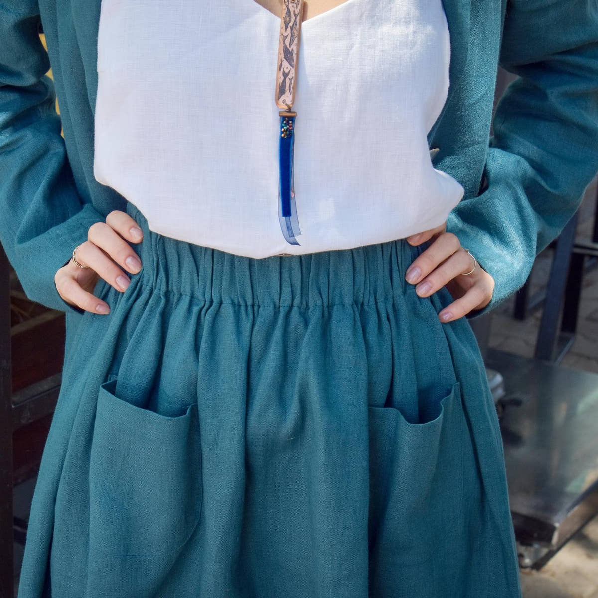 Linen Skirt - Teal, gathered waist and pockets