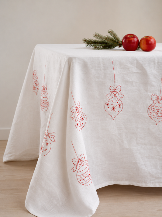 X-Mas Ornaments Tablecloth - Red - white linen tablecloth with ornaments embroidered in red
